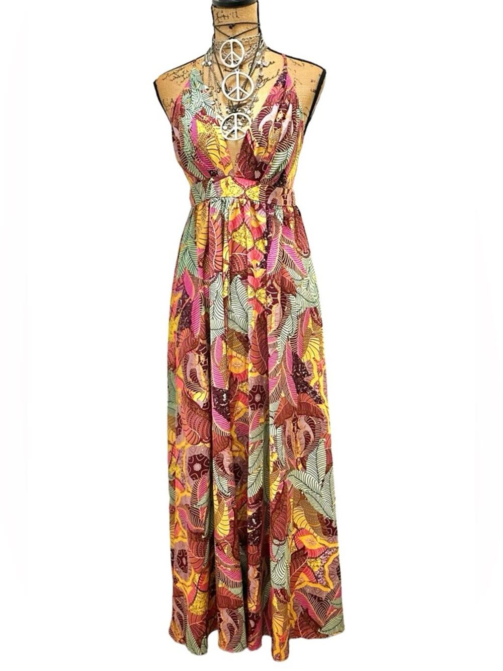 Boho Floral Print Maxi Dress in Pink and Yellow - size MEDIUM